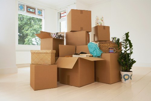 Boxes and furniture prepared for loading into a van in East Finchley
